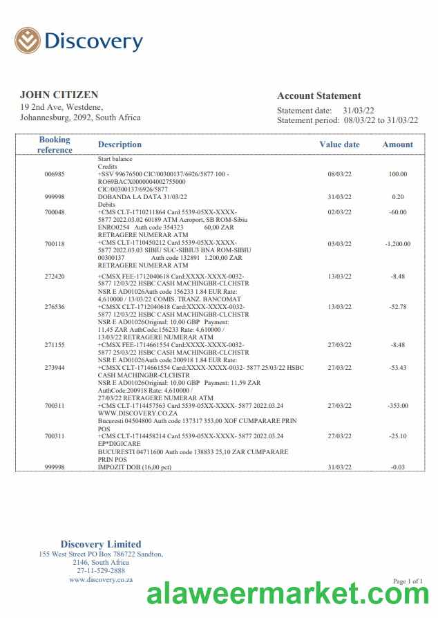 South Africa Discovery bank statement